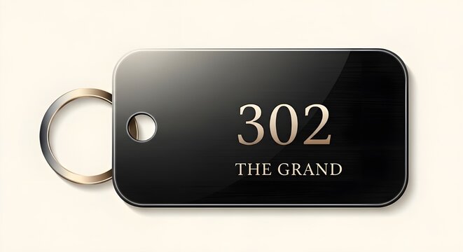 Black Rectangular Hotel Room Key Fob with Gold Ring and 302 Number