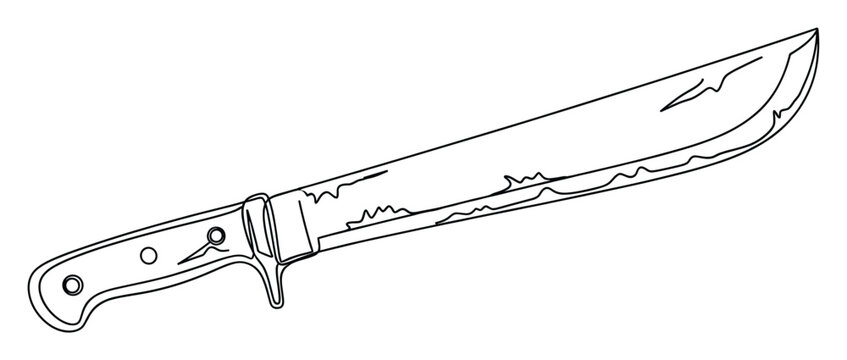 Simple black outline drawing of a long blade machete, useful as a graphic design element for outdoor adventure or survival themed projects and educational materials