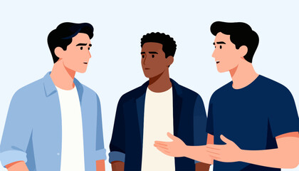 Obraz premium Three men stand close, sharing a conversation. One gestures while speaking, eyes focused on his words. Another listens, leaning slightly toward the speaker. The third stands quietly