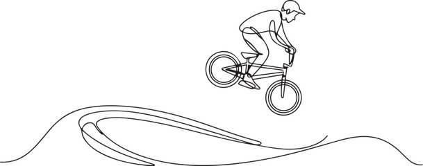 Naklejka premium Single continuous line drawing teenager BMX racing rider performs tricks in skate park on pump track. Extreme sport, dynamic, hobby, freestyle. one line art icon drawing vector