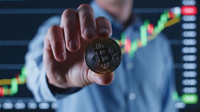 Hand holding Bitcoin, crypto market graph background, financial investment