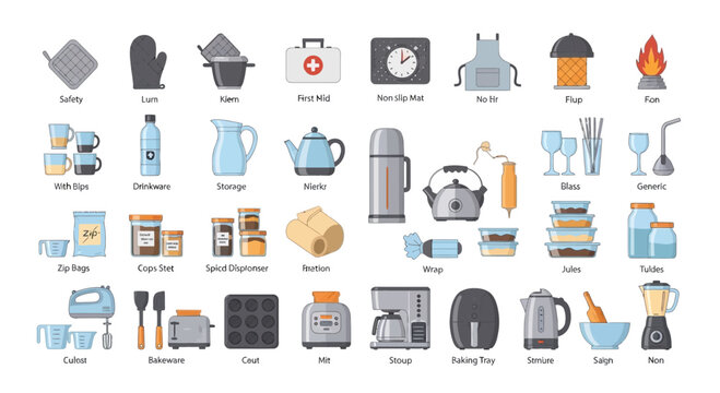 Collection of kitchen tools and supplies illustrations for culinary use