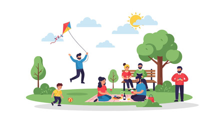Obraz premium Happy family enjoying a sunny day with a kite flying and a picnic in the park