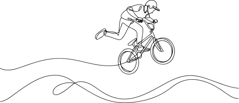 Single continuous line drawing teenager BMX racing rider performs tricks in skate park on pump track. Extreme sport, dynamic, hobby, freestyle. one line art icon drawing vector