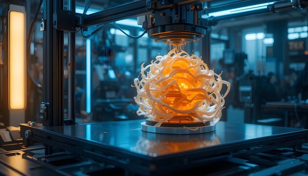 Industrial 3D printer creating complex object, glowing layers, advanced factory environment