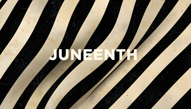 A vibrant graphic design celebrating Juneteenth with a striking black and white striped pattern