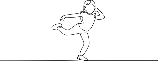 Fototapeta premium Single continuous line drawing young girl mid-step, balancing on one foot with other leg raised, dynamic, grounded movement typical of Hip Hop dance. one line art icon drawing vector