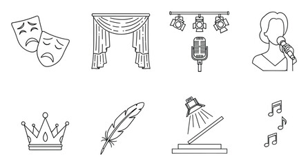 Fototapeta premium Versatile collection of line icons representing theater, music, and performance arts, featuring masks, stage curtains, microphone, singer, crown, quill, spotlight, and musical notes for
