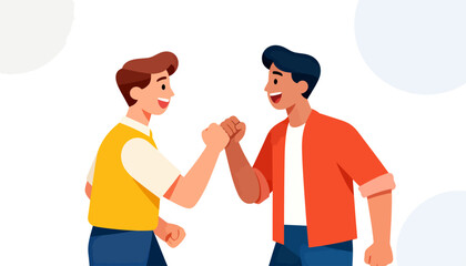 Obraz premium Two men share a joyful fist bump. They smile warmly, showing mutual respect. Simple cartoon style with soft pastel colors. Ideal for team spirit, friendship, or collaboration themes