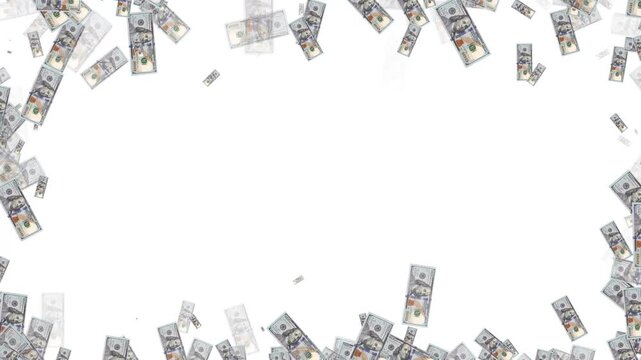 3d money rain Money explosion overlay isolated chroma key and luma matte. Banknotes money flying down animation. dollars bills falling partical Video 4k.
