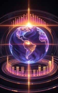 Vibrant Earth surrounded by glowing audio waves in a futuristic