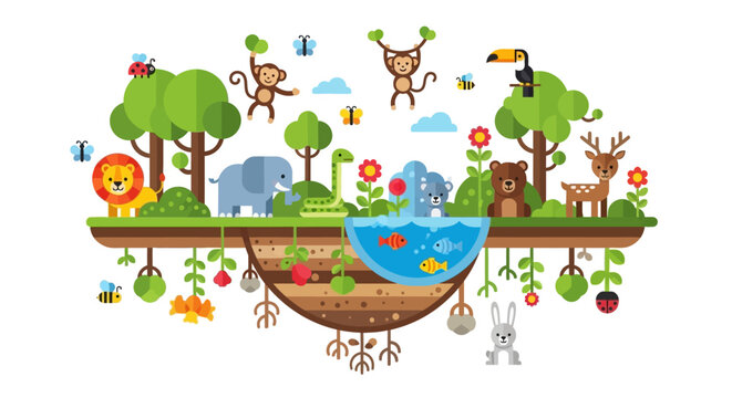 Flat Design Ecosystem Diverse Animals, Lush Trees, and Pond Illustrate Natural Balance and Biodiversity