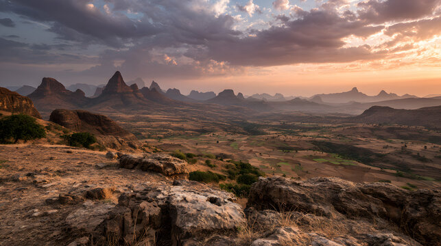 Ethiopian landscape with rock formations. Background illustration of historical sites in Ethiopia.