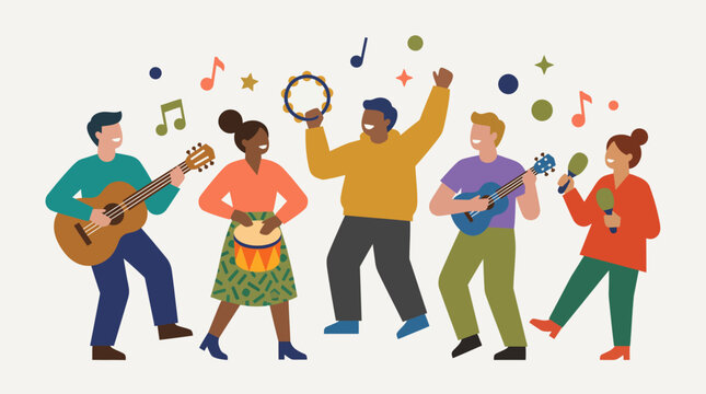 Diverse Group Enjoys Playing Musical Instruments Together Celebrating Music.
