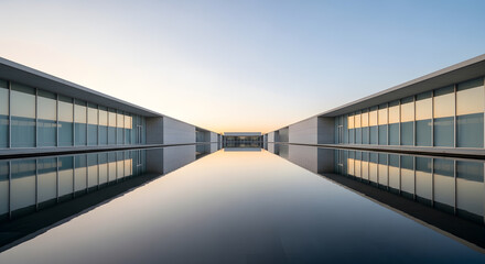 Modern minimalist architecture building with glass facade reflecting in a calm water pool at sunset
