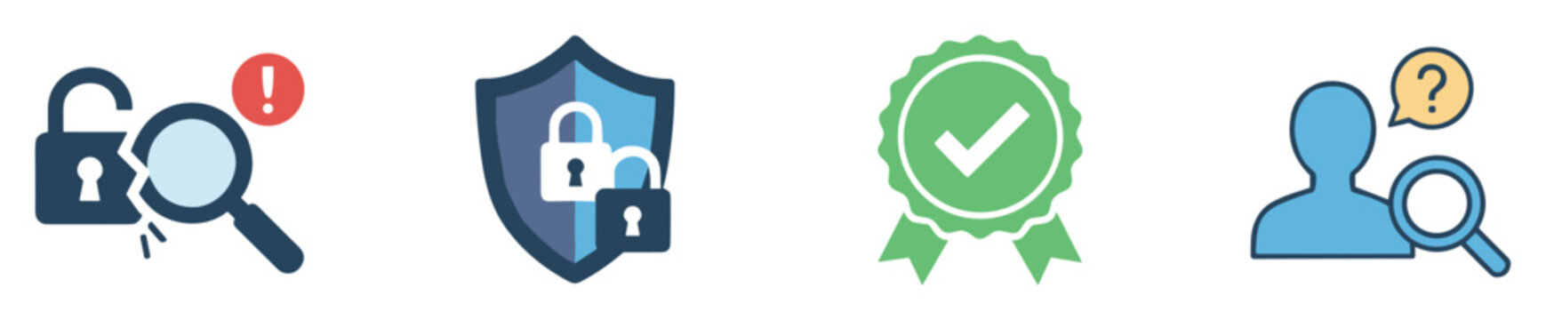 Comprehensive security and data privacy icon set featuring vulnerability assessment, robust protection, certified verification, and user identity investigation for digital safety