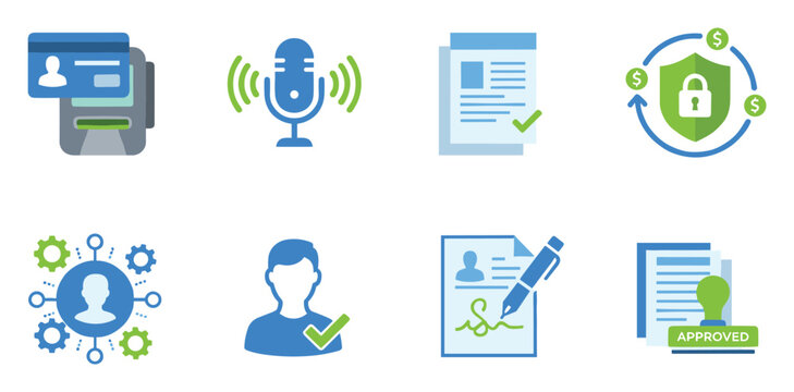 Collection of modern icons depicting user identity, secure financial transactions, voice authentication, document verification, and data protection processes for online services and