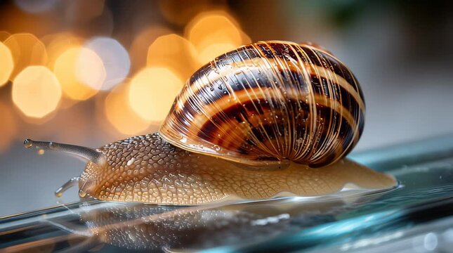 Snail crawling on glass surface with blurred lights in background
