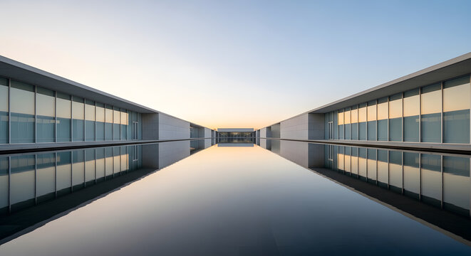 Modern minimalist architecture building with glass facade reflecting in a calm water pool at sunset