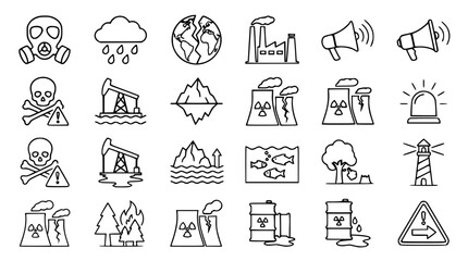 Fototapeta premium Environmental pollution icons set with industrial and warning symbols