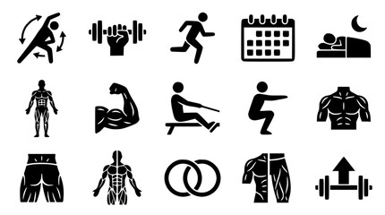 Fototapeta premium Black vector icons of fitness and exercise concepts
