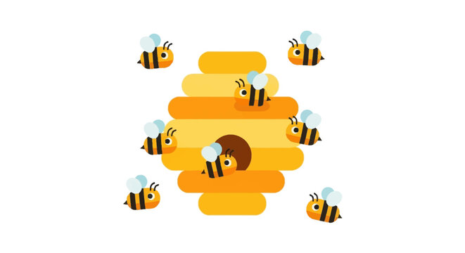 Charming cartoon illustration of busy bees buzzing around a vibrant yellow beehive, symbolizing industry, cooperation, and the sweet essence of nature