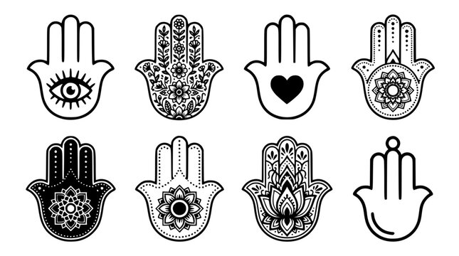 Various hamsa hand designs with unique patterns and symbols