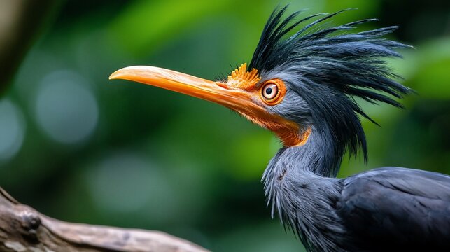 Striking Umbrellabird Portrait Vivid Orange Beak and Crest Against Lush Green Backdrop.