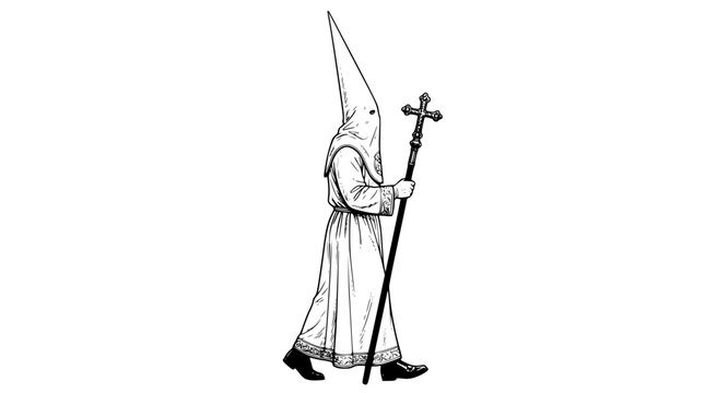 Klansman walking with a cross on a staff