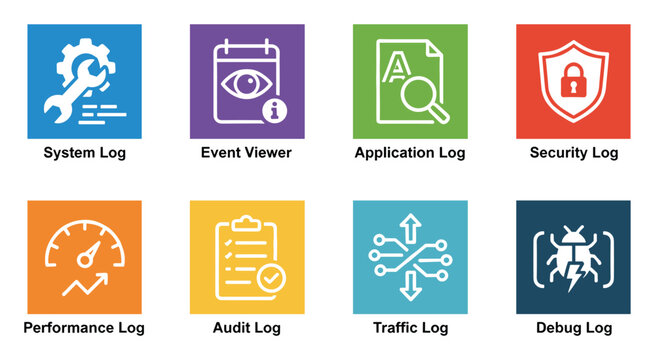 Essential collection of computer system, application, and security log icons for illustrating IT infrastructure monitoring, data analysis, and network performance in technical documentation