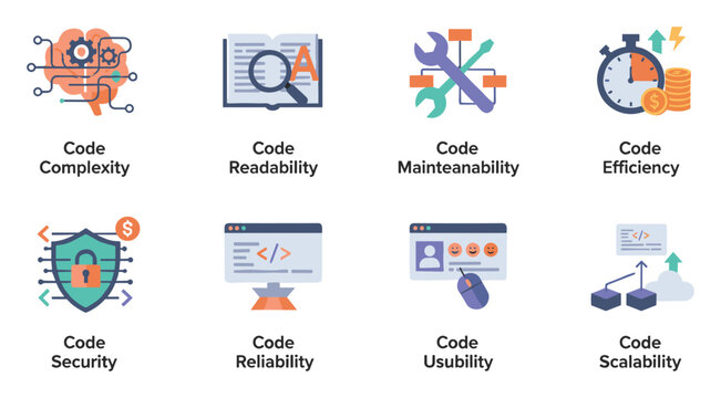 Comprehensive icon collection showcasing essential code quality metrics such as complexity readability maintainability efficiency security reliability usability and scalability useful for