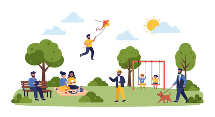 Fototapeta premium A sunny day in the park with families enjoying outdoor activities and recreation on a vibrant green lawn