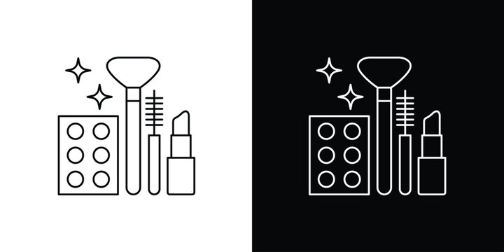 Elegant minimalist line art vector icon illustration of essential beauty and makeup products, including brushes, lipstick, mascara, and eyeshadow palette, ideal for graphic design and web interfaces