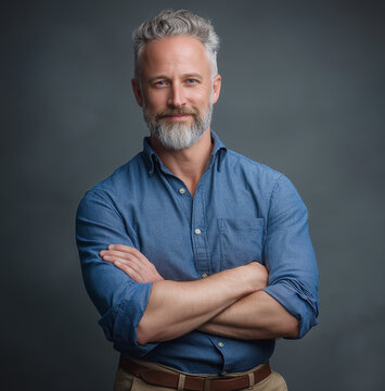 A professional headshot of an attractive, confident man in his mid-40s with short gray hair and beard