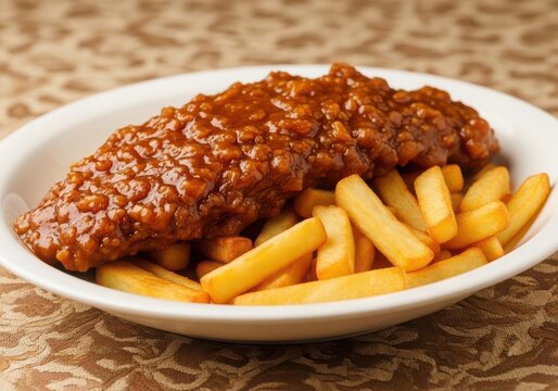 A delicious serving of salisbury steak topped with rich brown gravy and served with golden crispy french fries