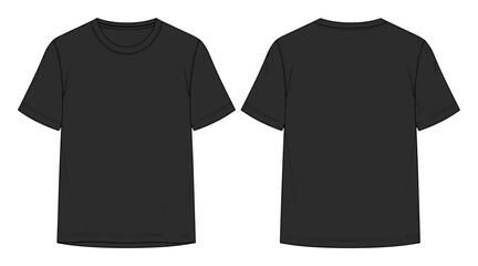 Naklejka premium Basic black short sleeve crew neck t shirt blank apparel template featuring both front and back views for versatile clothing design mockups and fashion presentations.