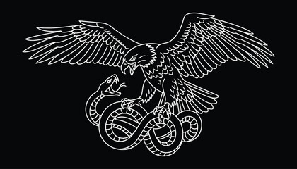 Eagle and snake white line art illustration on black background © 777SKYLABS