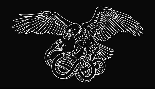 Eagle and snake white line art illustration on black background