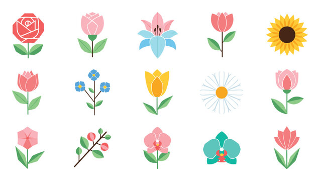 A diverse collection of geometric flat flowers in vibrant colors, ideal for creating spring themed graphic elements, minimalist botanical iconography, and decorative emblems