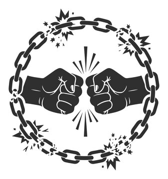 Powerful fists breaking a circular metal chain symbolizing freedom and strength, suitable for protest, liberation, or overcoming challenge themes and motivational content