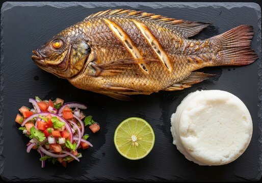 Grilled tilapia fish served with ugali and a fresh tomato and onion salad on a black slate plate