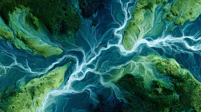 Aerial View of River Delta: An artistic aerial shot capturing the mesmerizing intricate network of a river delta, where flowing water carves its path through a vibrant landscape.