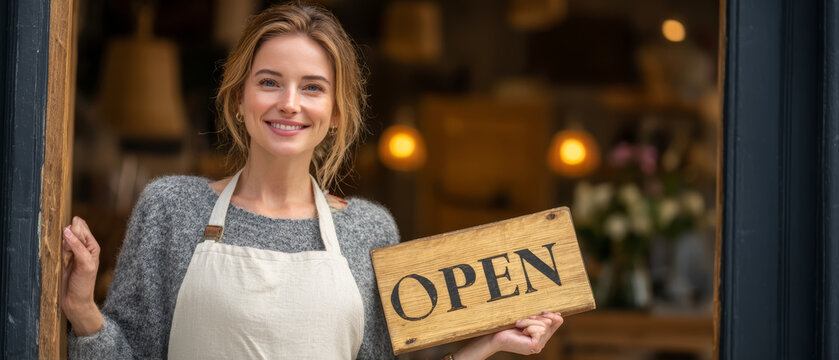 Smile woman apron cafe open sign owner doorway happy woman cafe owner holding open sign standing in doorway welcoming customer with warm smile