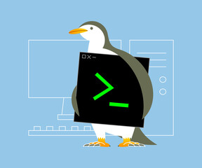 Penguin holding command line application window, computer system administrator concept. © Old Machine