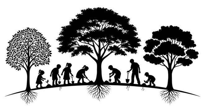 Silhouette illustration of diverse group of people planting trees in nature.