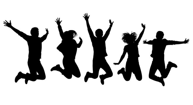 Group of young people jumping for joy in silhouette.