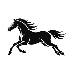 Obraz premium Galloping horse silhouette vector, black stallion running in profile, majestic equine animal mascot, powerful mustang stallion logo on white background