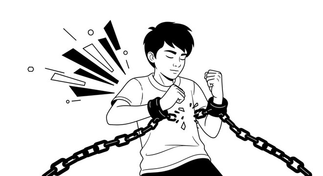 Young Person Breaking Free From Chains Symbolizing Struggle.
