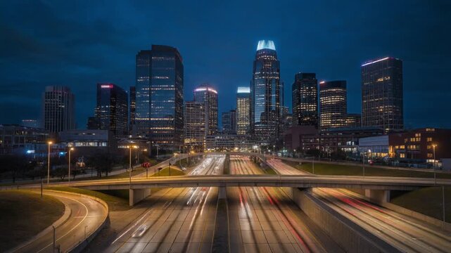 Charlotte North Carolina Skyline and Highway Traffic at Dusk