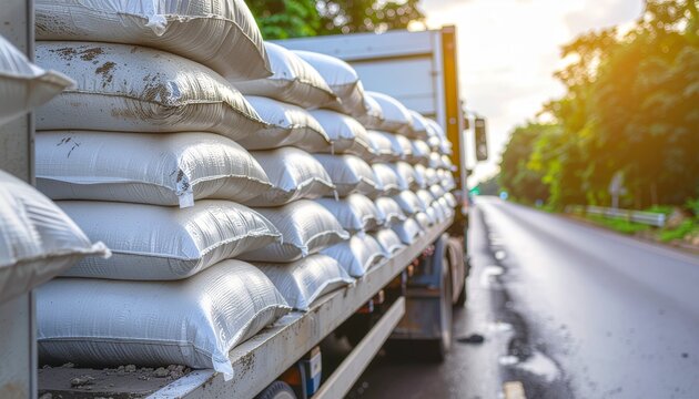 Industrial Truck Transporting Large White Sacks along a Rural Highway